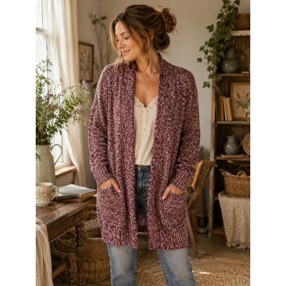 LL Bean Marled Red Open Front Cardigan Sweater Size M Cozy Cottagecore Classic